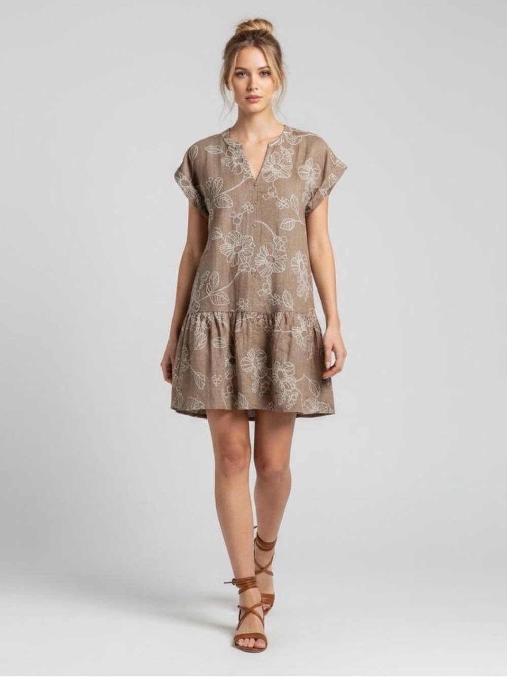 Fred David Tan Embroidered Drop-Waist Dress (Size M)